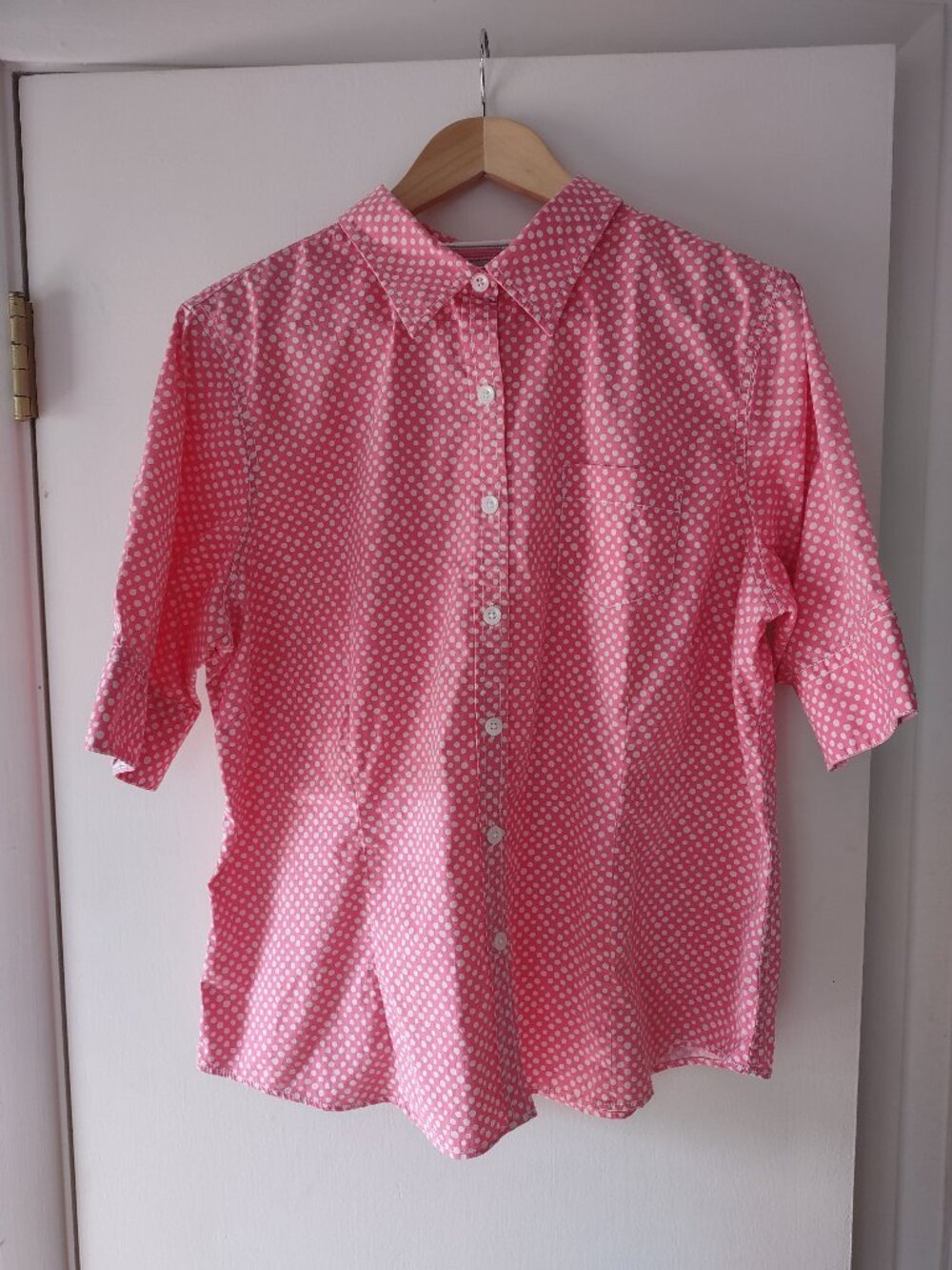 L.L.Bean Women’s Pink White Polka Dot Button Front Shirt XL Regular Cotton Lycra